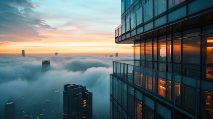 A ledge overlooking an expanse of cloud-veiled cityscape at dawn  AI generated illustration - obrazy, fototapety, plakaty