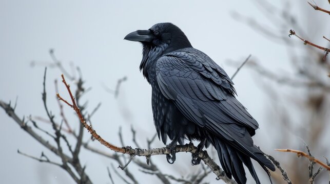 A lone raven perched on a barren tree branch against a grey sky  AI generated illustration