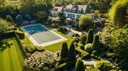 A luxurious estate with a tennis court pool and manicured gardens AI generated illustration