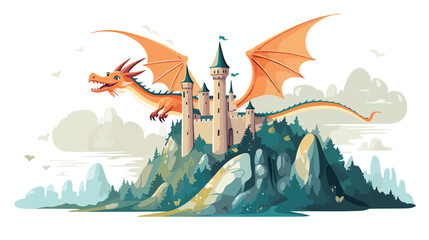 Whimsical dragon flying over a medieval castle illu