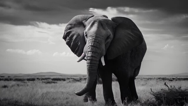 A lone elephant stands in the expansive savannah, captured in a monochrome landscape.
