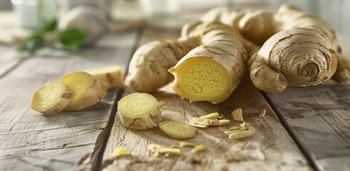 The Natural Essence of Ginger Elegantly Positioned on a Wooden Table