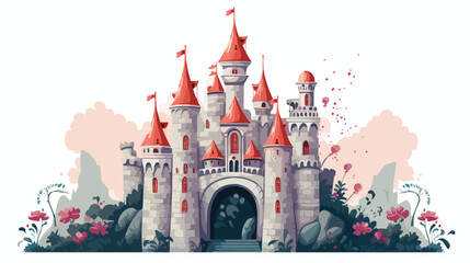Whimsical fairy-tale castle with turrets and drawbr