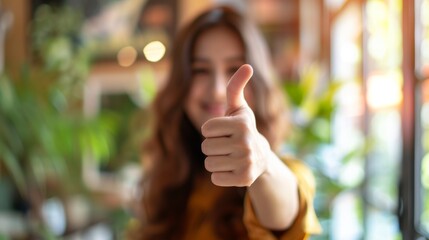 Thumbs up sign. Woman's hand shows like gesture. Studio background