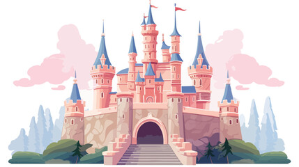 Whimsical fairy-tale castle with turrets and drawbr - obrazy, fototapety, plakaty