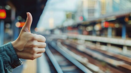 Thumbs up sign. Woman's hand shows like gesture. Train station background - Powered by Adobe