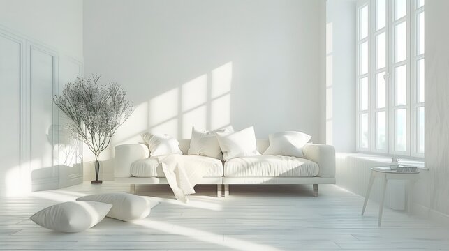 A Bright White Room Featuring a Chic Sofa, Inspired by Scandinavian Interior Elegance
