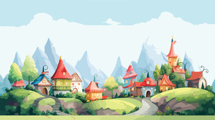 Whimsical gnome village nestled in the mountains wi - obrazy, fototapety, plakaty