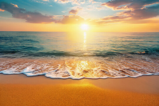 Sunset at the beach with the sun reflecting on the water and sand, creating a warm golden glow.