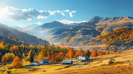 Schilderijen op glas Autumn's Embrace - Capturing the Rustic Charm of a Village Nestled Among Mountains Against a Clear Blue Sky © Godam