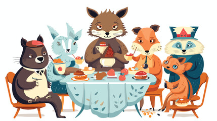 Whimsical tea party with anthropomorphic animals. f