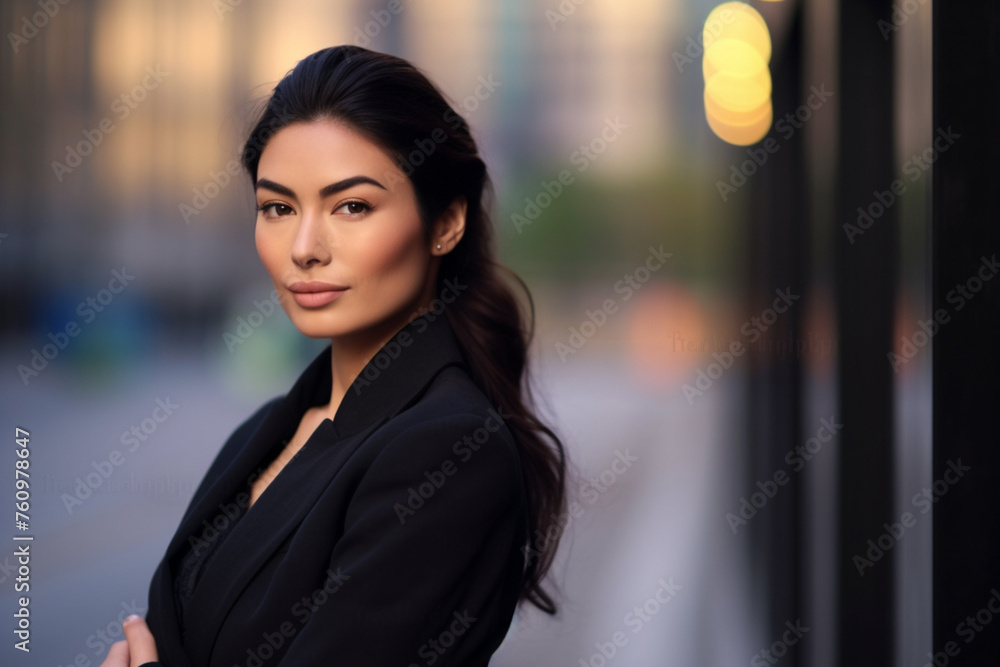 Poster portrait of beautiful businesswoman in city