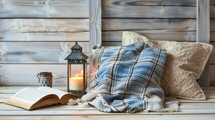 Capturing the Essence of Relaxation with a Lantern, Pillows, Book, and Plaid Arranged on a Wooden Background