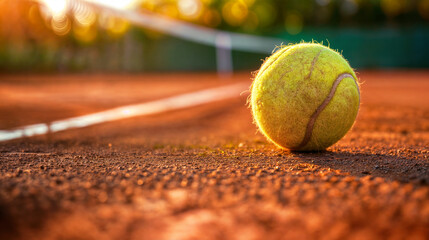 A close up of a tennis ball on a caly court  - obrazy, fototapety, plakaty