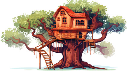 Whimsical treehouse with a ladder and rope bridge i - obrazy, fototapety, plakaty