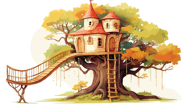 Whimsical treehouse with a ladder and rope bridge i