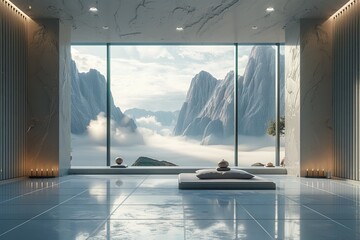3D Blender meditation space overlooking mountains peaceful vibe