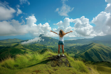 Female traveler with arms outstretched standing on a mountain summit overlooking green hills and clouds. Young woman cheering arms up of joy - 760980224