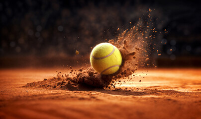 A close up of a tennis ball hitting on a caly court with intensity creating a burst of clay particles in the air.
- 760980808