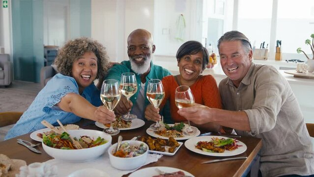 Portrait of group of mature friends at home relaxing meeting for lunch with wine celebrating with cheers - shot in slow motion