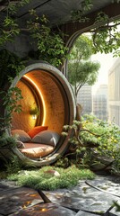 Blender 3D model of a meditation pod in a city rooftop garden wellness urban escape - obrazy, fototapety, plakaty