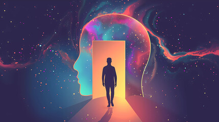 Man walk through the door inside his head.Abstract surreal dream concept vector illustration.
