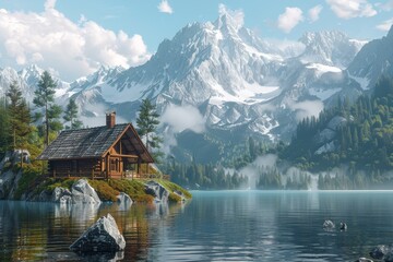 Fototapeta na wymiar Blender model of a mountain cabin and lake serene travel icon