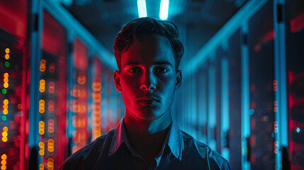 Obraz premium Middle shot of a male engineer in a server room with rows of servers in the background