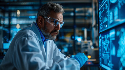 Middle shot of a male engineer in a high-tech lab surrounded by advanced equipment