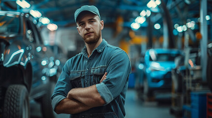 Middle shot of a male mechanical engineer in an automotive workshop cars in the backdrop
