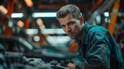 Middle shot of a male mechanical engineer in an automotive workshop cars in the backdrop