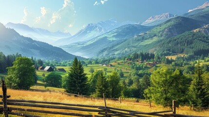 The Vibrant Landscape of a Mountain Village in Summer Against the Backdrop of a Clear Blue Sky