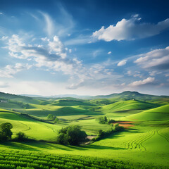 A serene countryside landscape with rolling hills.