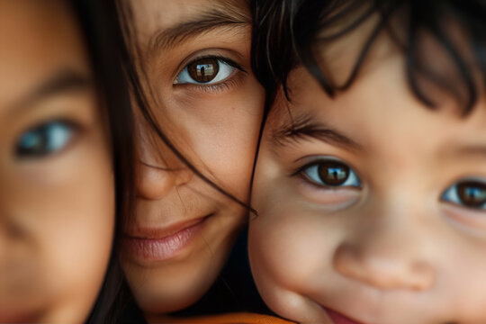 Three siblings share a close-up, intimate moment, with their eyes telling stories of joy, bonding, and sibling love.