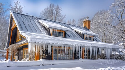 Fototapeta na wymiar The Gabled Roof of a Home Enveloped in Thick Snow and Adorned with Icicles
