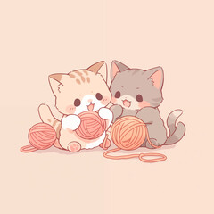 Two cats are playing with a ball of yarn