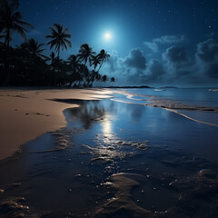 A beach at night with a full moon reflecting on the water