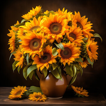 A vase of sunflowers sits on a wooden table