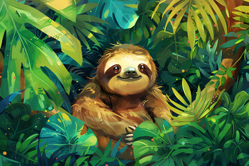 jungle background, A highly detailed image of a Sloth fog water splashes bushes jungle trees