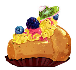 Babà al rum cuor di Kiwi glassato, con more e mirtilli su crema pasticcera. San Valentino. Cibo. Pasticcino tradizionale. Ricetta napoletana. Clip art. Icona. Design. Alimento.