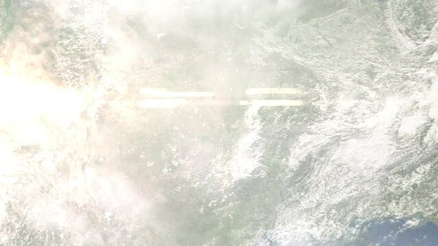 Earth zoom in from space and focus on Yukon, Oklahoma, USA. 3D Animation. Satellite view. Background for travel intro. Images from NASA