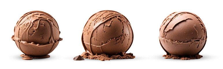 set of chocolate ice cream scoops balls on transparent background