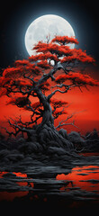 Surreal Red Tree under a Full Moon Night Sky

