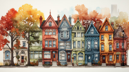 Colorful facades, narrow streets, and architectural details from bygone eras are featured in a watercolor illustration of a historic neighborhood. - obrazy, fototapety, plakaty