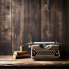 A vintage typewriter on a rustic wooden desk. 