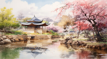 A watercolor illustration of a traditional Chinese pavilion overlooking a pond surrounded by blooming cherry blossoms.