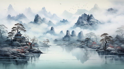 A watercolor illustration of an ancient temple nestled among mist-covered mountains with a serene lake in the foreground.