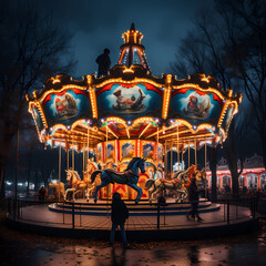 A whimsical carousel with colorful lights.