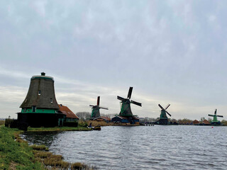 Beautiful windmills in Zaanse Schans in the Netherlands