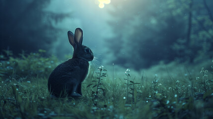 A rabbit gazes attentively under a luminous full moon surrounded by a starlit night sky.